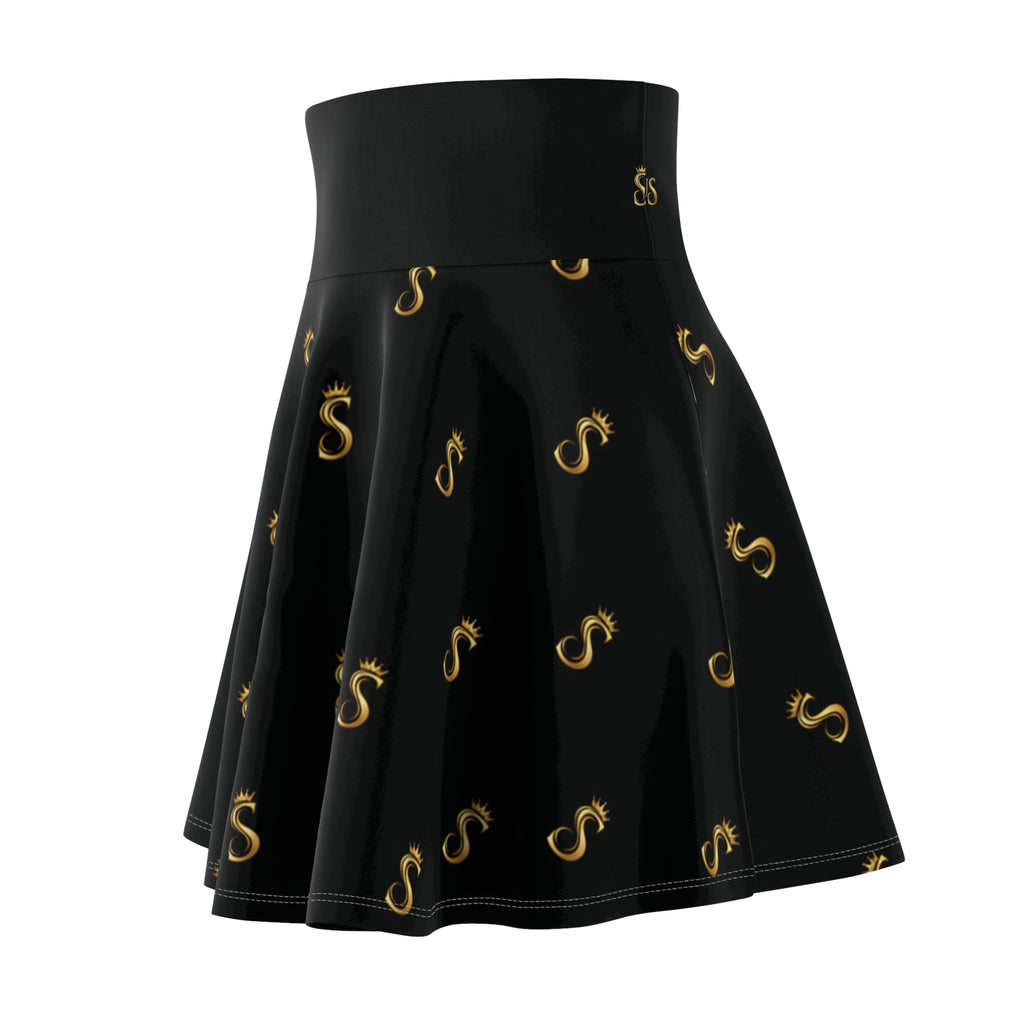 Gold S Pattern Skater Skirt — Black AOP Women’s Flared Skirt