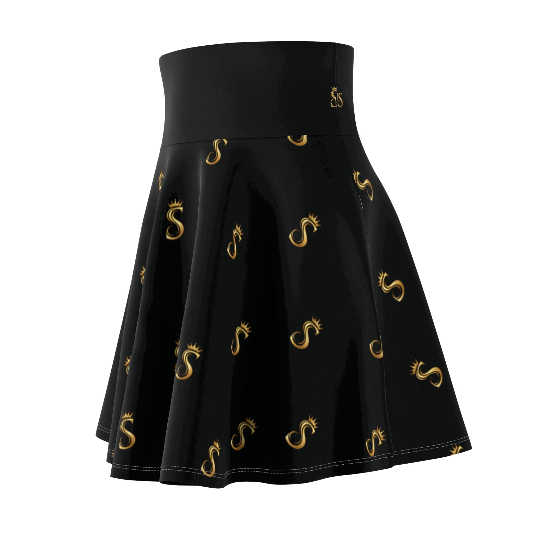 Gold S Pattern Skater Skirt — Black AOP Women’s Flared Skirt