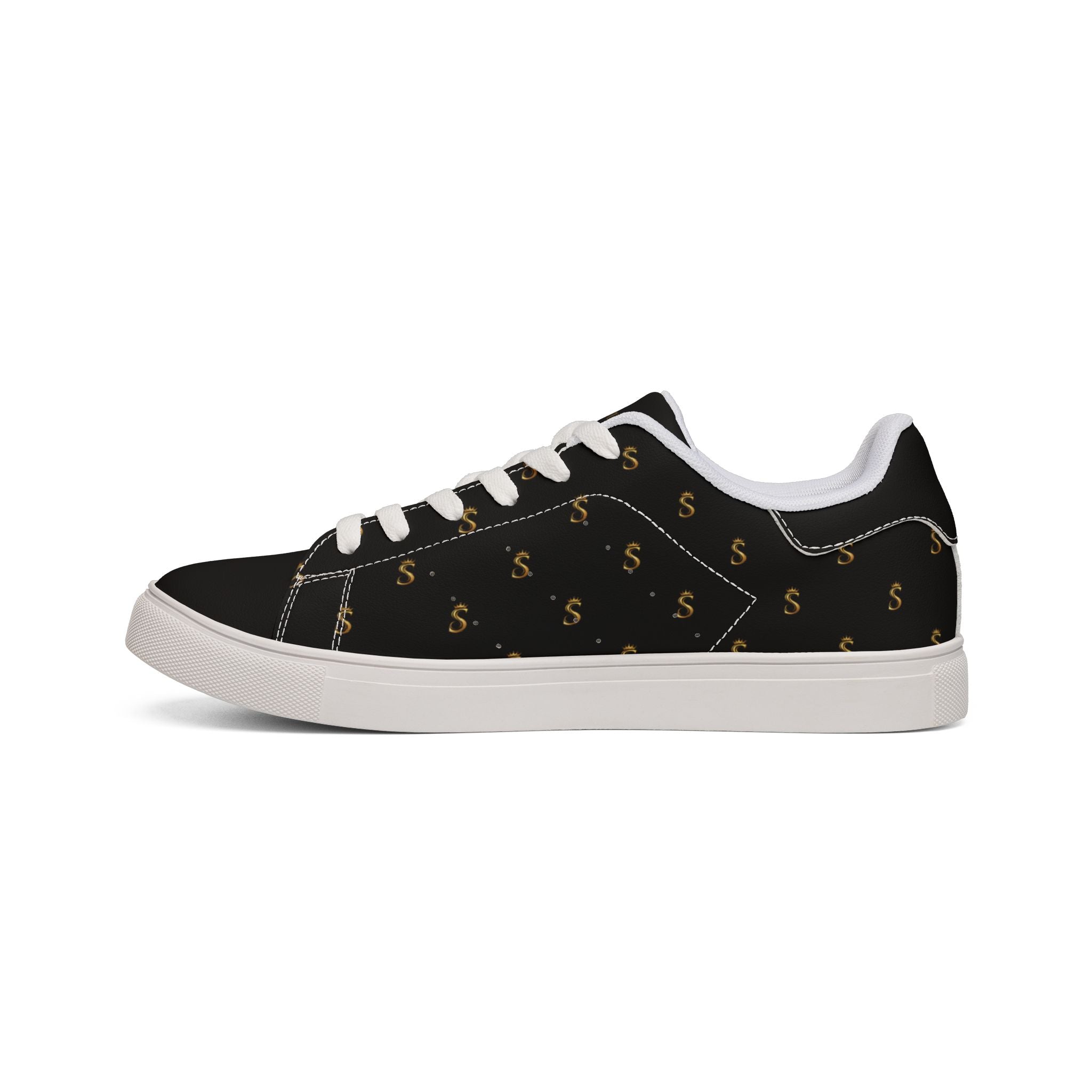 Men's Black Leather Low-Top Sneakers — Gold Seventus Accent