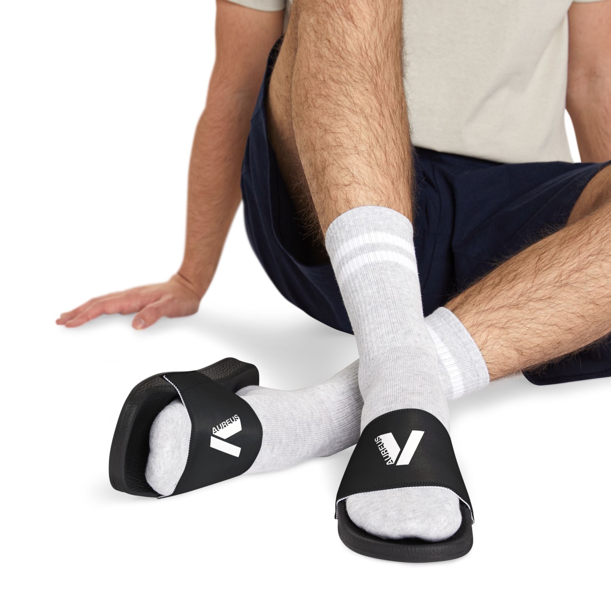 AUREUS | Men's Removable-Strap Slide Sandals, White/Black with Large Logo