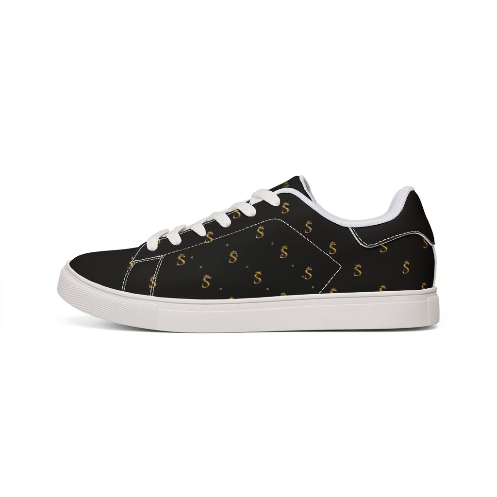 Men's Black Leather Low-Top Sneakers — Gold Seventus Accent