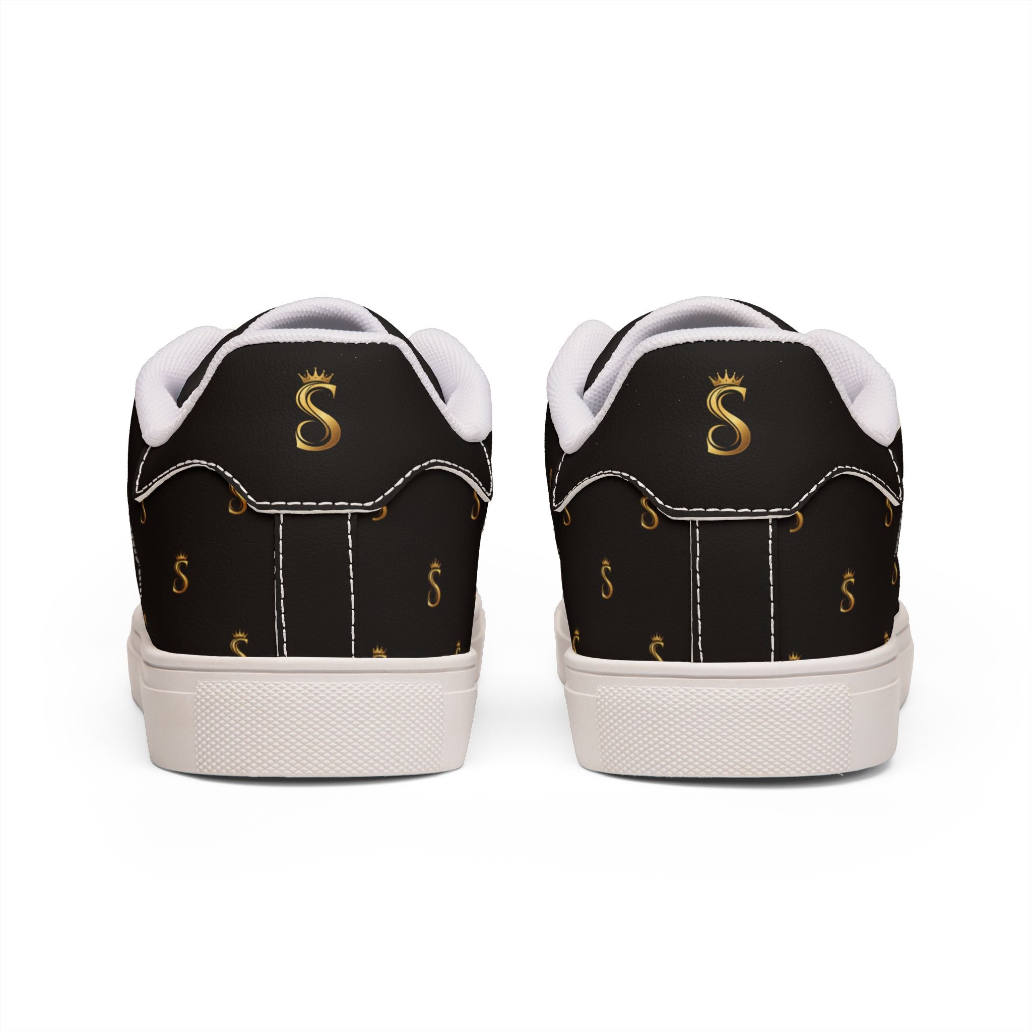Men's Black Leather Low-Top Sneakers — Gold Seventus Accent