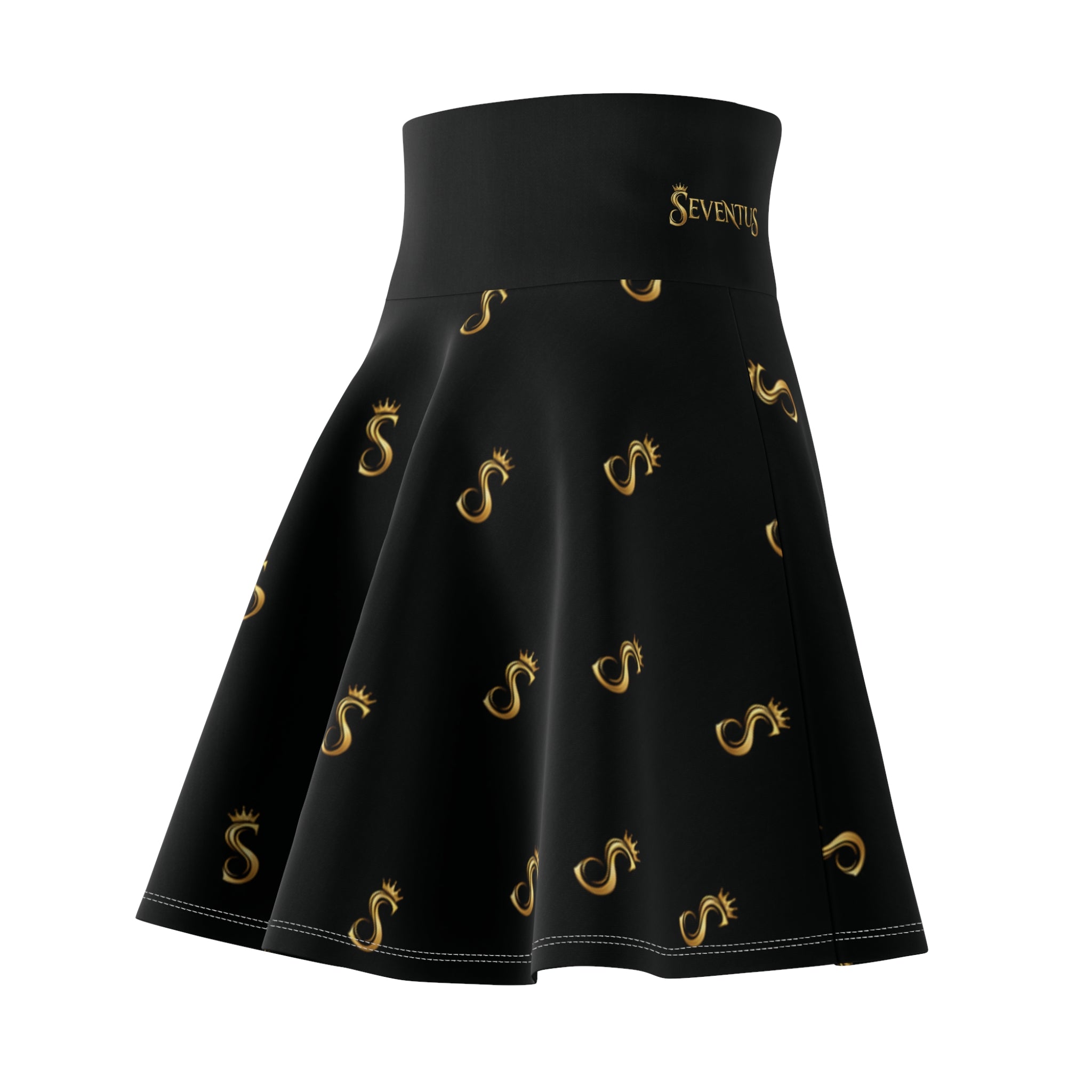 Gold S Pattern Skater Skirt — Black AOP Women’s Flared Skirt