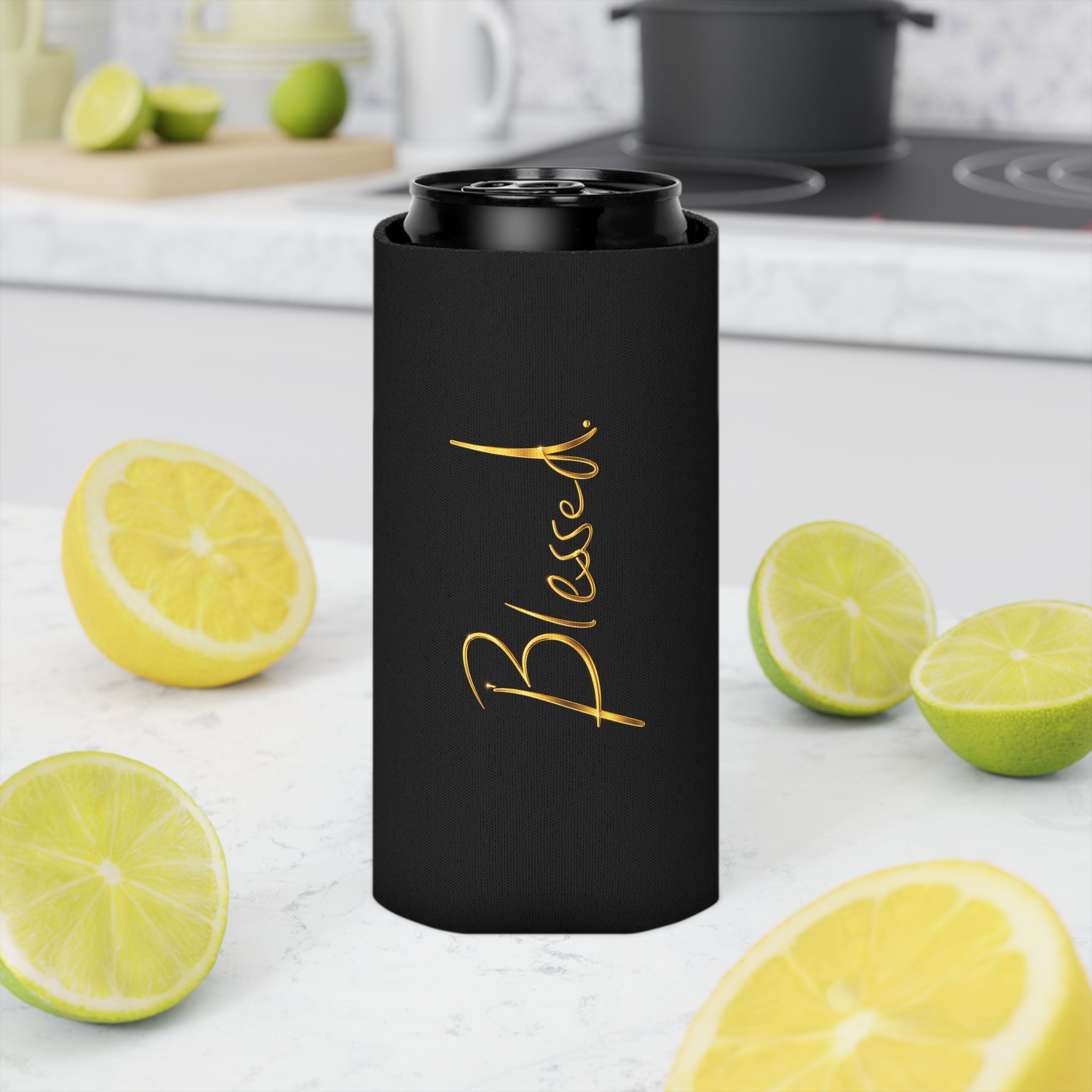 Blessed Can Cooler – Gold Script Insulated Soda & Beer Koozie