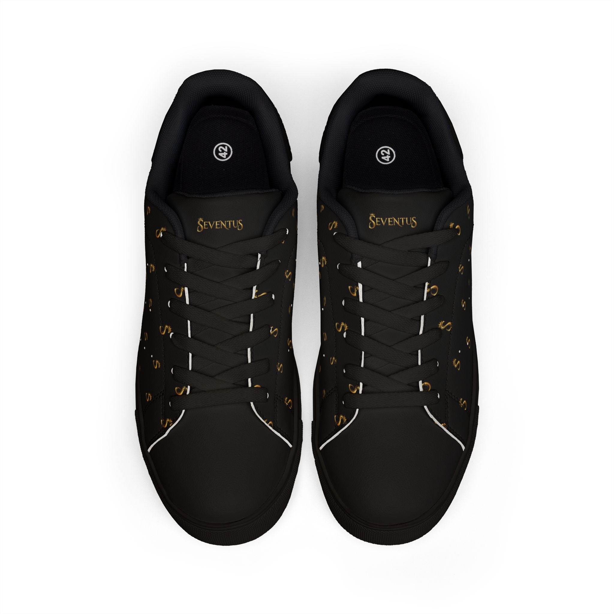 Men's Black Leather Low-Top Sneakers — Gold Seventus Accent