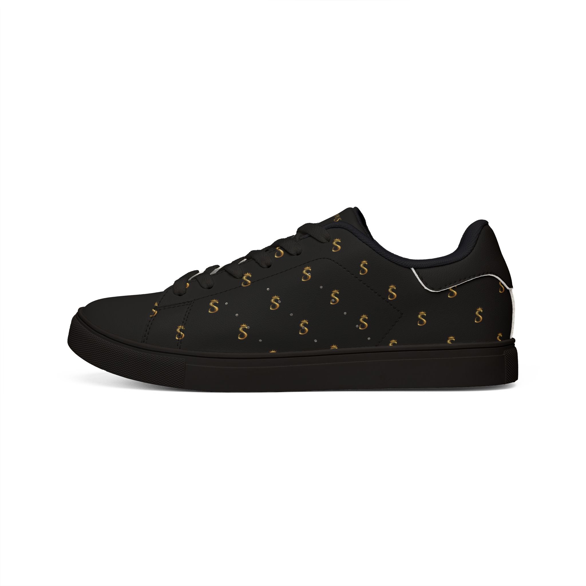 Men's Black Leather Low-Top Sneakers — Gold Seventus Accent