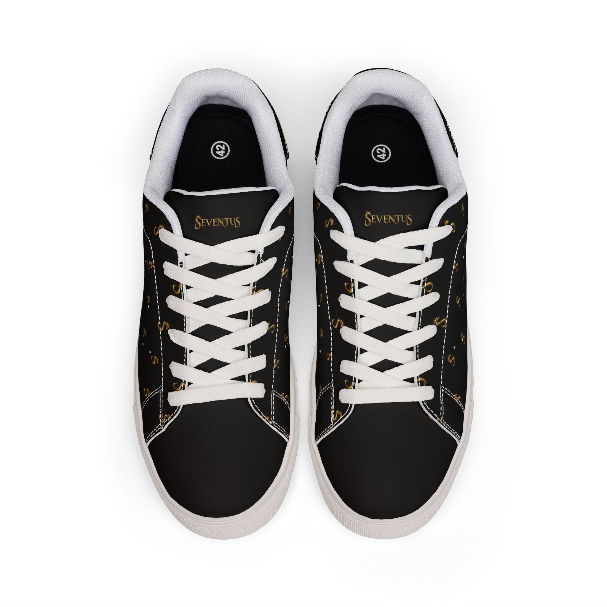 Men's Black Leather Low-Top Sneakers — Gold Seventus Accent