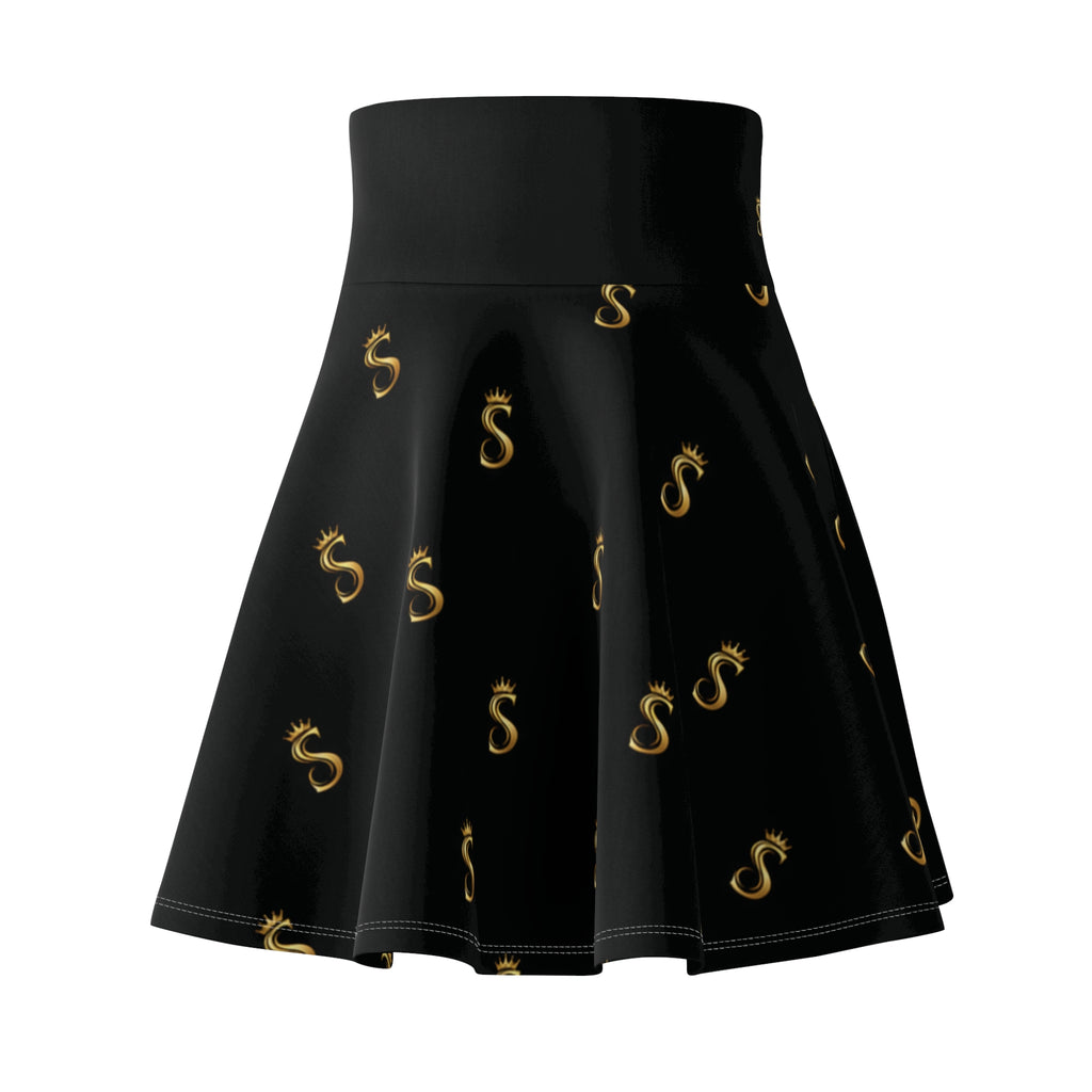 Gold S Pattern Skater Skirt — Black AOP Women’s Flared Skirt