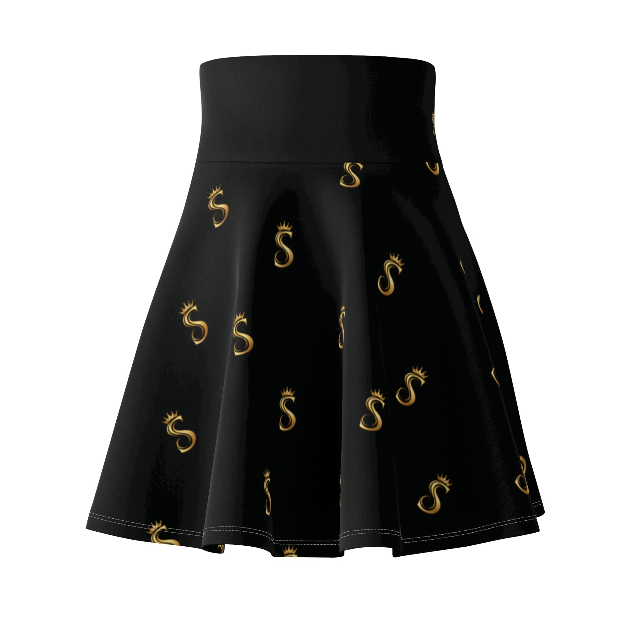 Gold S Pattern Skater Skirt — Black AOP Women’s Flared Skirt