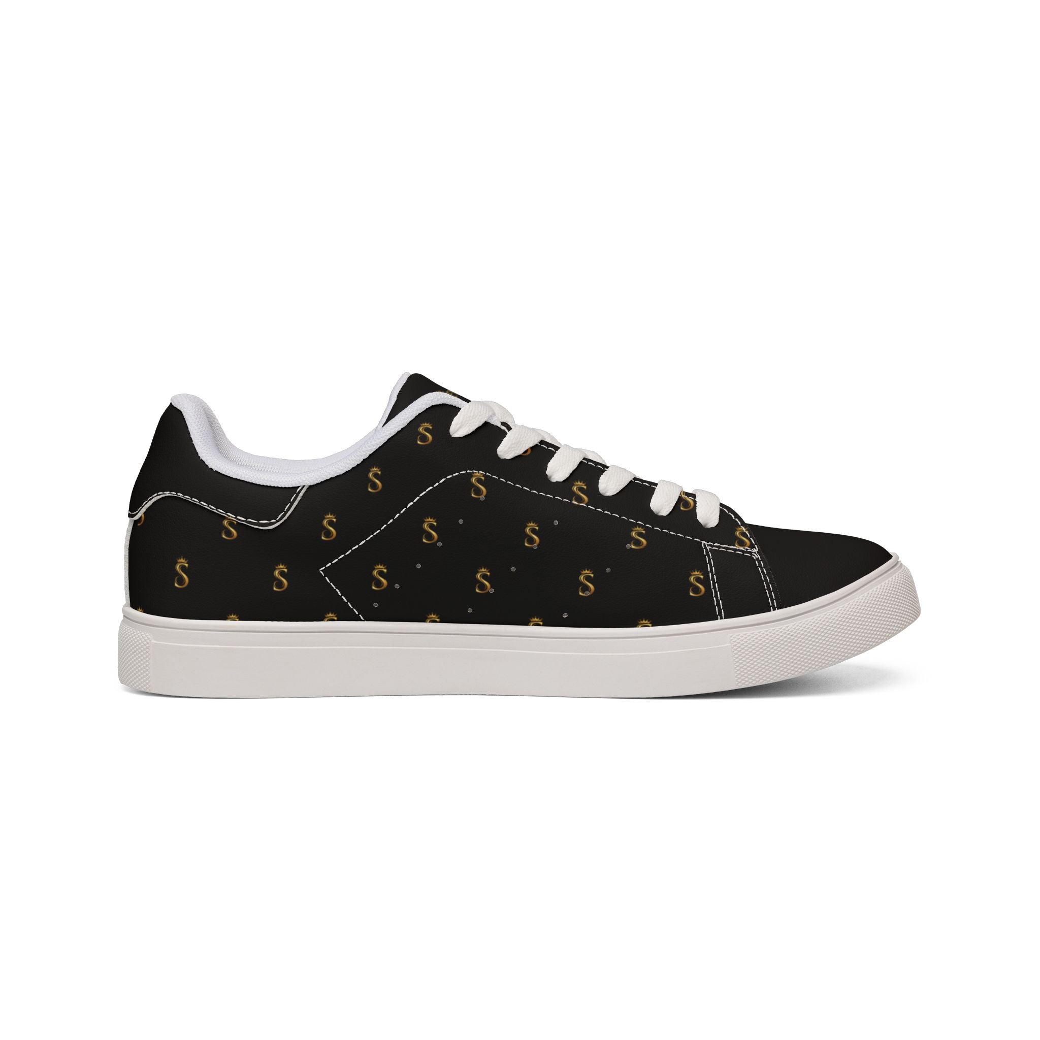 Men's Black Leather Low-Top Sneakers — Gold Seventus Accent