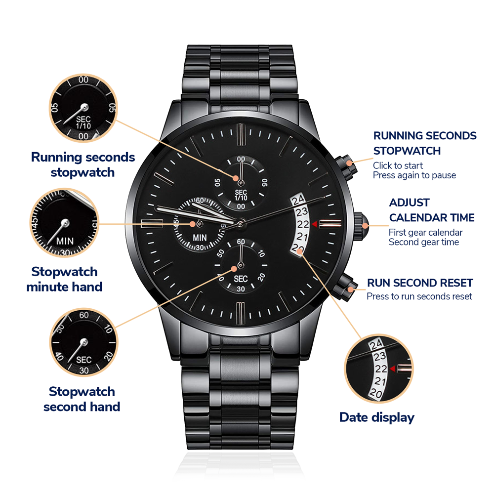 Seventus Engraved Logo Design, Black Chronograph Watch