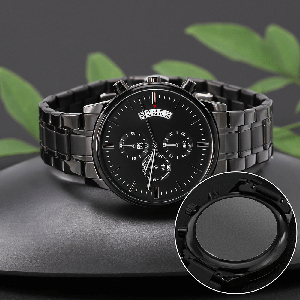 Seventus Engraved Logo Design, Black Chronograph Watch